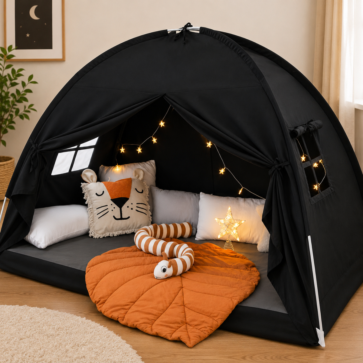 Twin Bed Play Tent with USB Star Lights and Flags