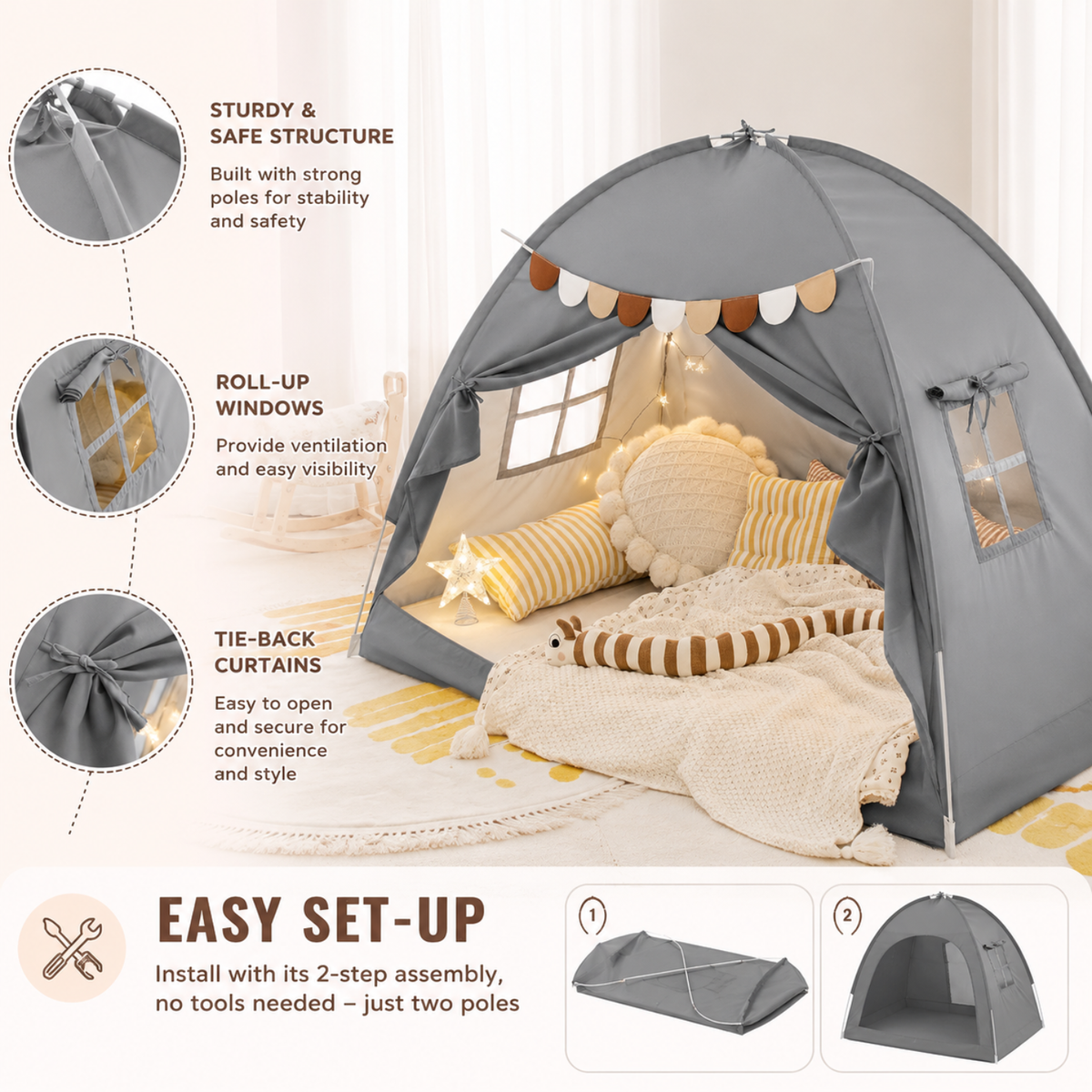 Twin Bed Play Tent with USB Star Lights and Flags