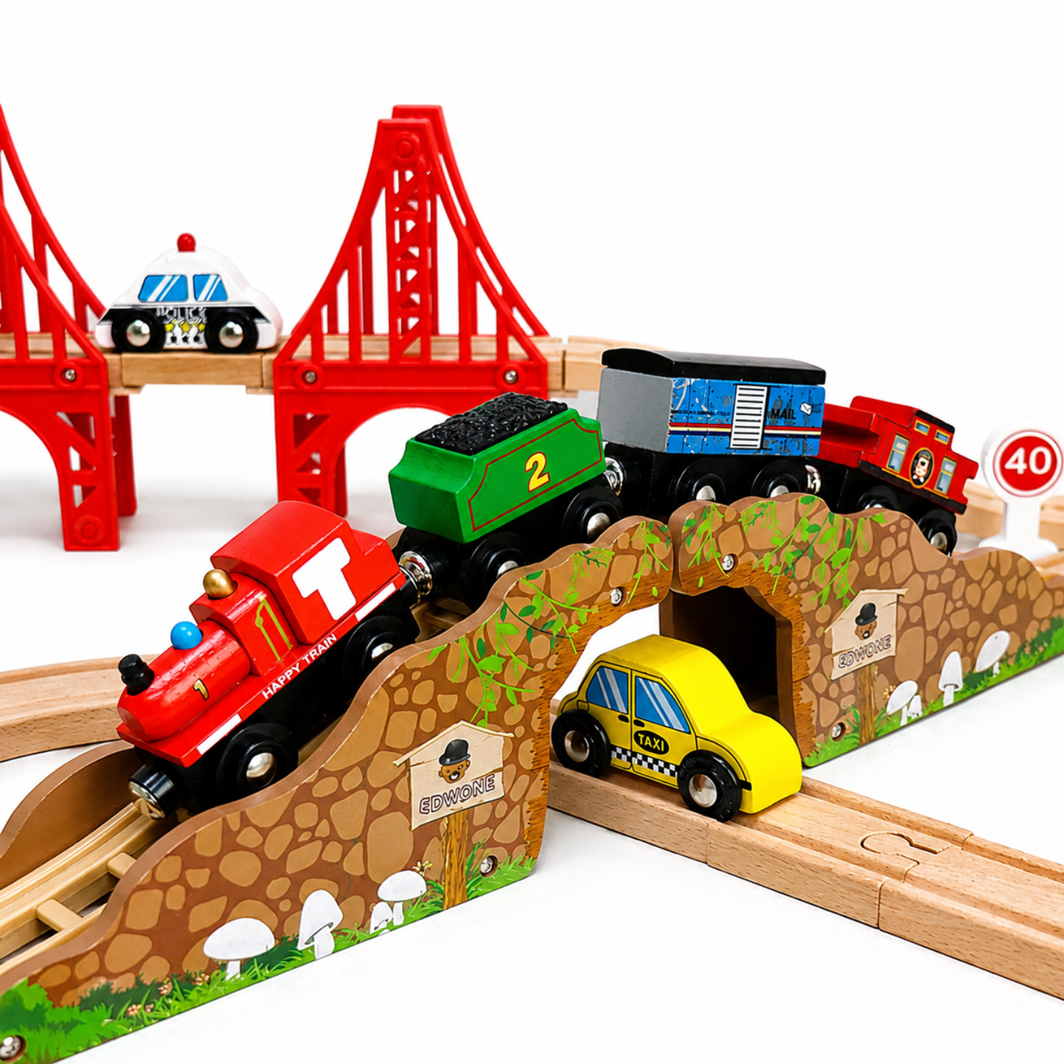 Wooden Train Track Set with Bridges, Town Pieces and Storage Box
