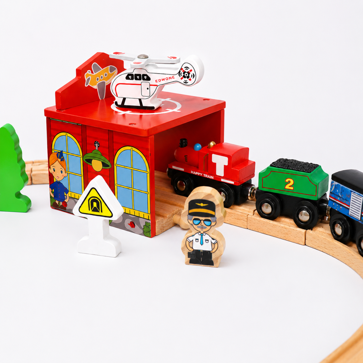 Wooden Train Track Set with Bridges, Town Pieces and Storage Box