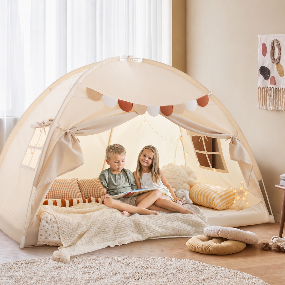 Twin Bed Play Tent with USB Star Lights and Flags