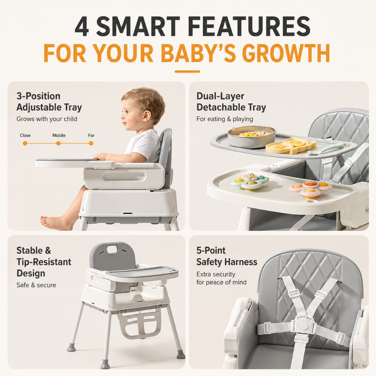 4-in-1 Baby High Chair with Removable Tray, Gray