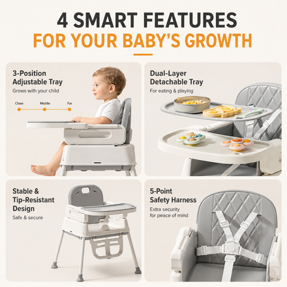 4-in-1 Baby High Chair with Removable Tray, Gray