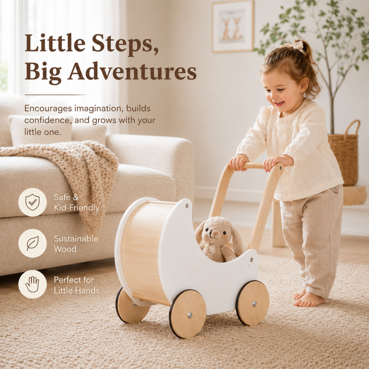 Wooden Doll Pram Walker – White and Natural Wood
