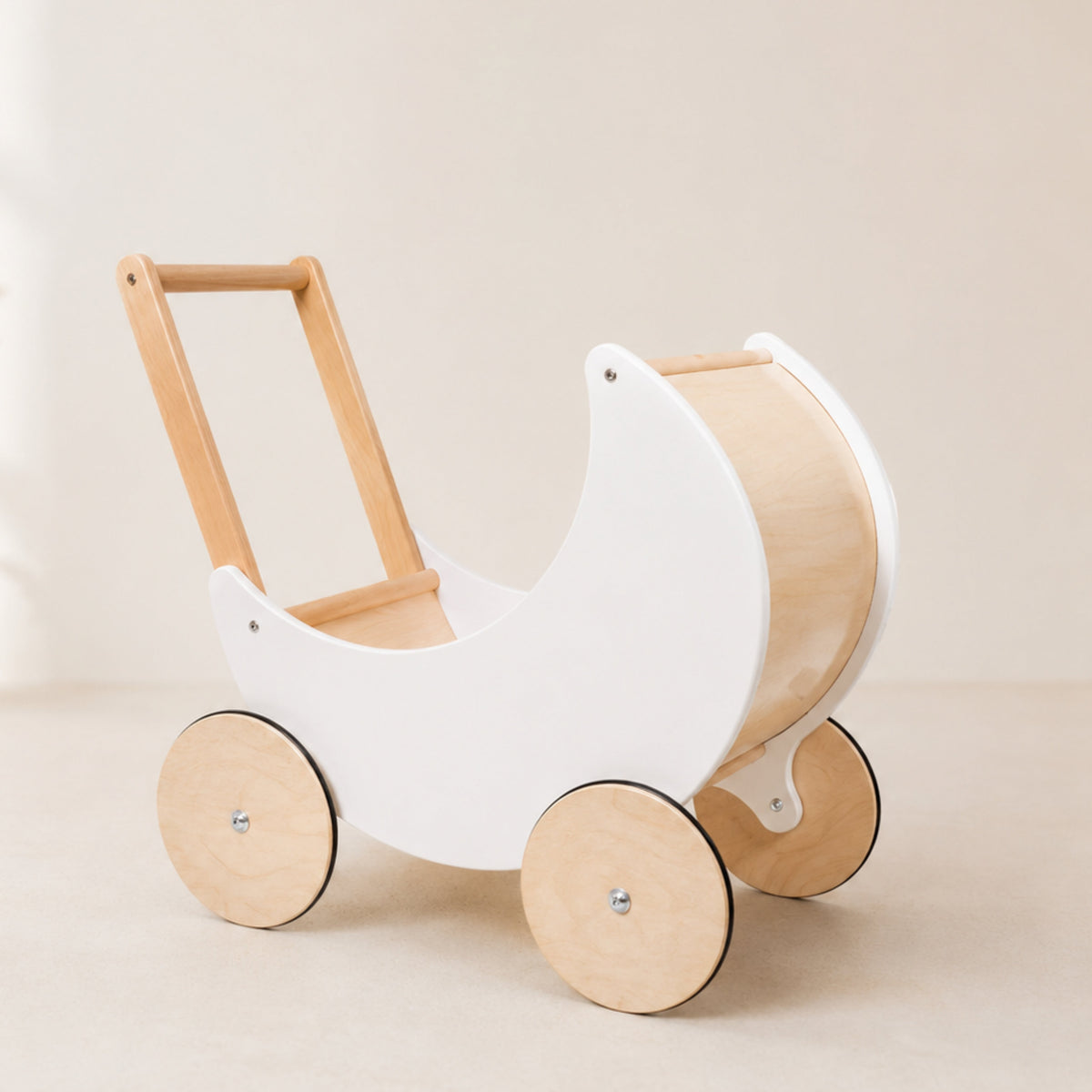 Wooden Doll Pram Walker – White and Natural Wood