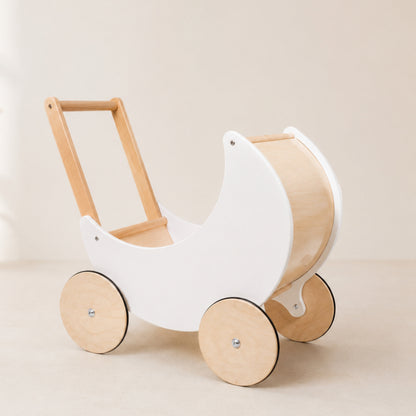 Wooden Doll Pram Walker – White and Natural Wood