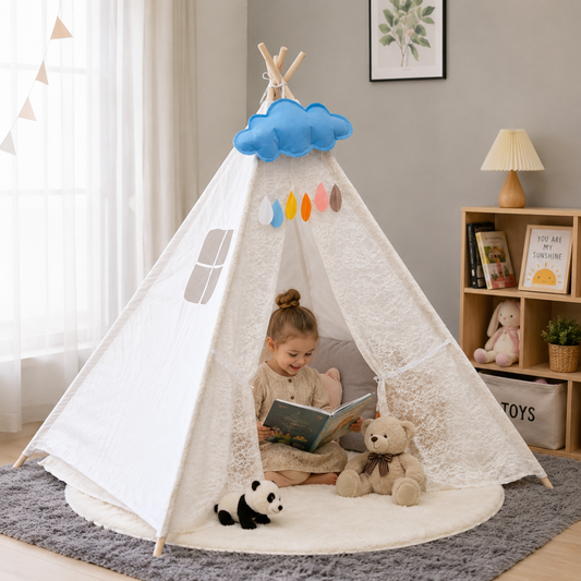 Foldable Kids Teepee Tent with USB String Lights, Beige
