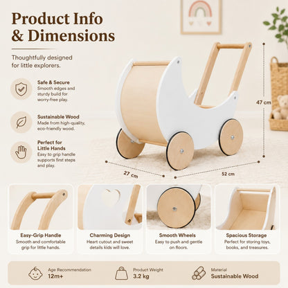 Wooden Doll Pram Walker – White and Natural Wood