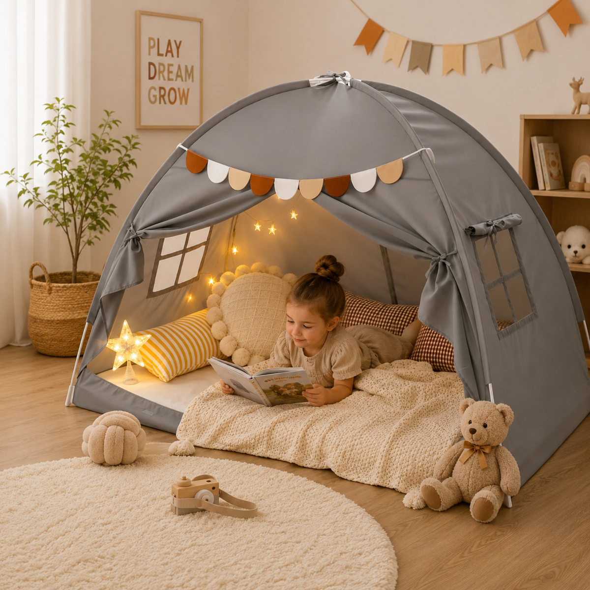 Twin Bed Play Tent with USB Star Lights and Flags