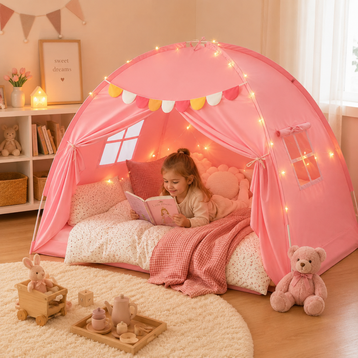 Twin Bed Play Tent with USB Star Lights and Flags