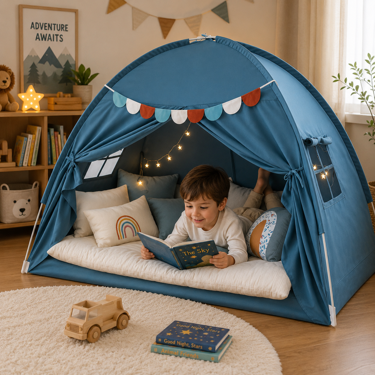 Twin Bed Play Tent with USB Star Lights and Flags