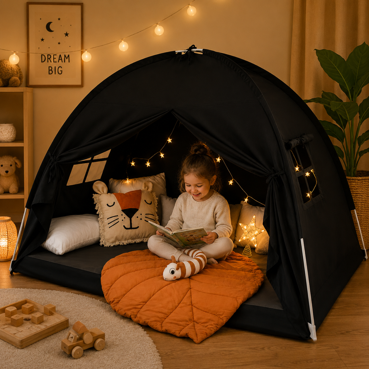 Twin Bed Play Tent with USB Star Lights and Flags