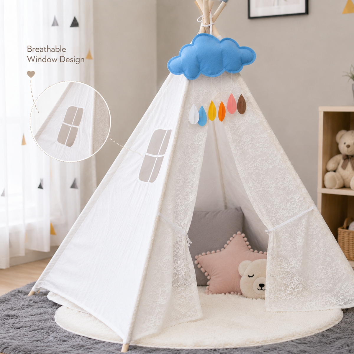 Foldable Kids Teepee Tent with USB String Lights, Beige
