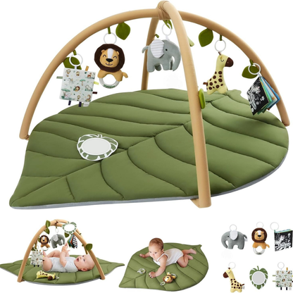 Leaf-Shaped Baby Play Gym Mat with Arch Bars and Hanging Toys