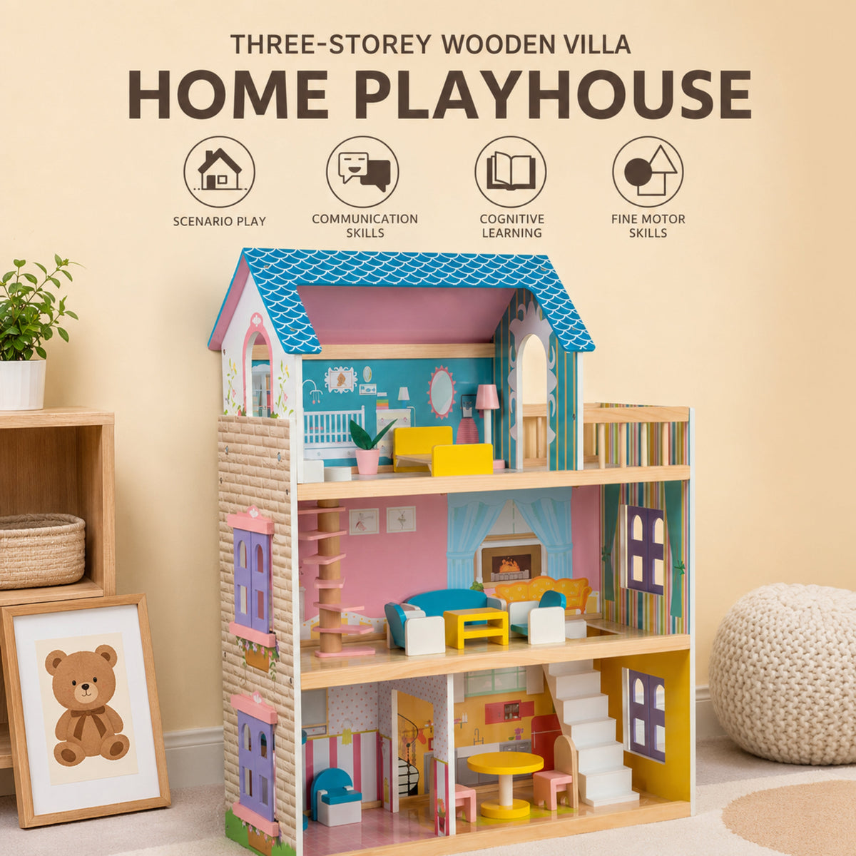 Three-Story Wooden Dollhouse with Dolls and 31-Piece Furniture Set, Pink and Gray