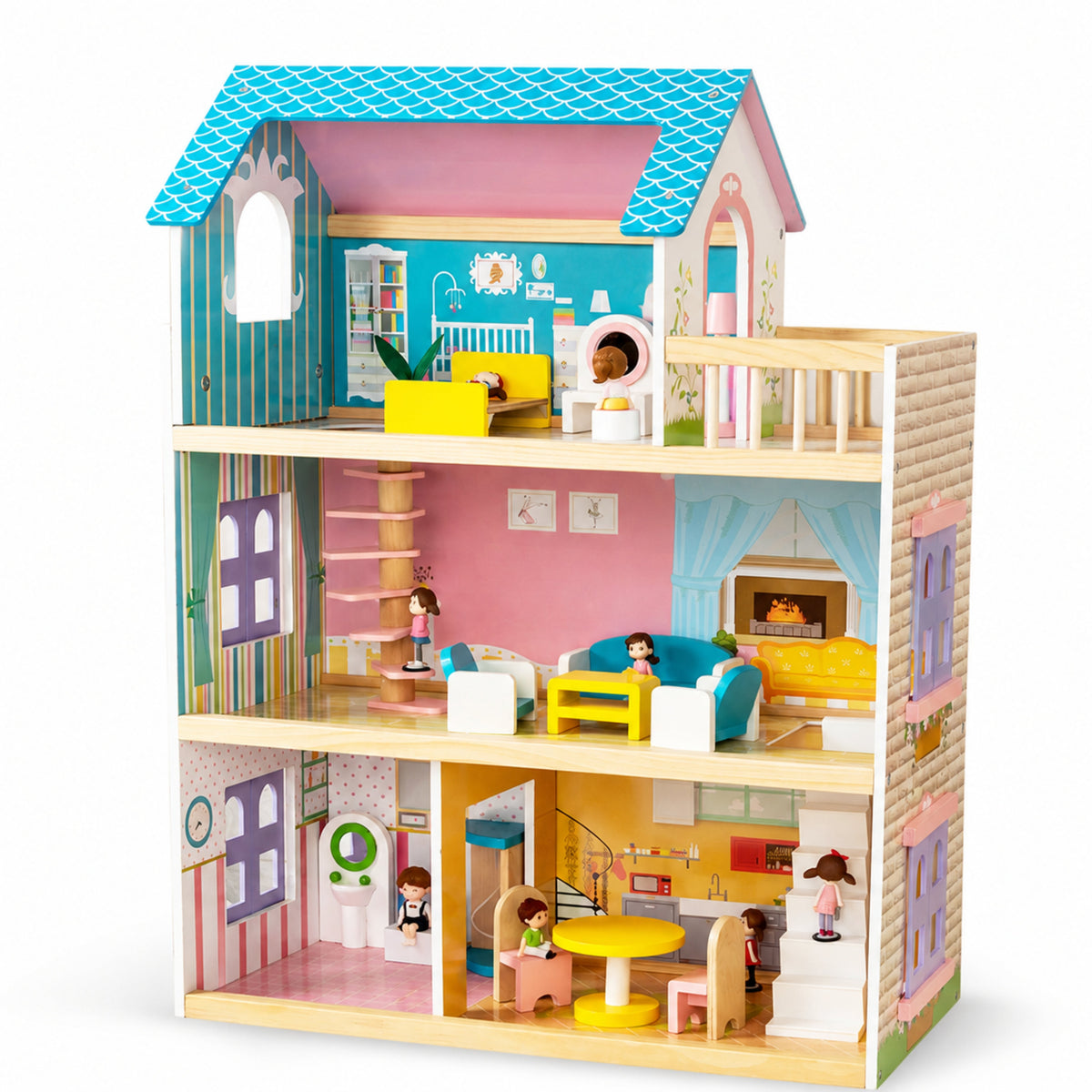 Three-Story Wooden Dollhouse with Dolls and 31-Piece Furniture Set, Pink and Gray