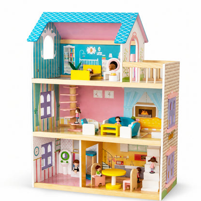 Three-Story Wooden Dollhouse with Dolls and 31-Piece Furniture Set, Pink and Gray