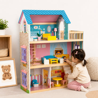 Three-Story Wooden Dollhouse with Dolls and 31-Piece Furniture Set, Pink and Gray