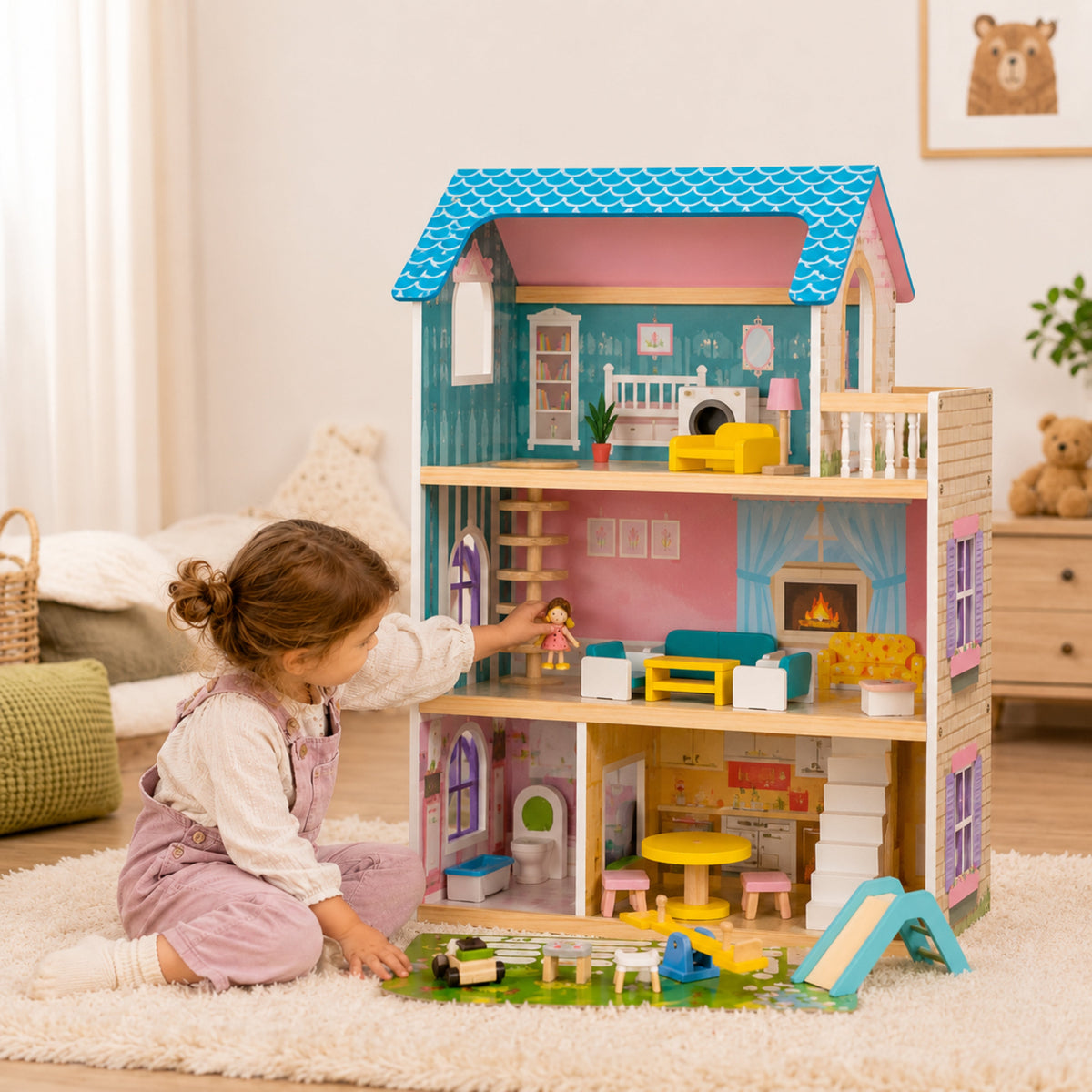 Three-Story Wooden Dollhouse with Dolls and 31-Piece Furniture Set, Pink and Gray