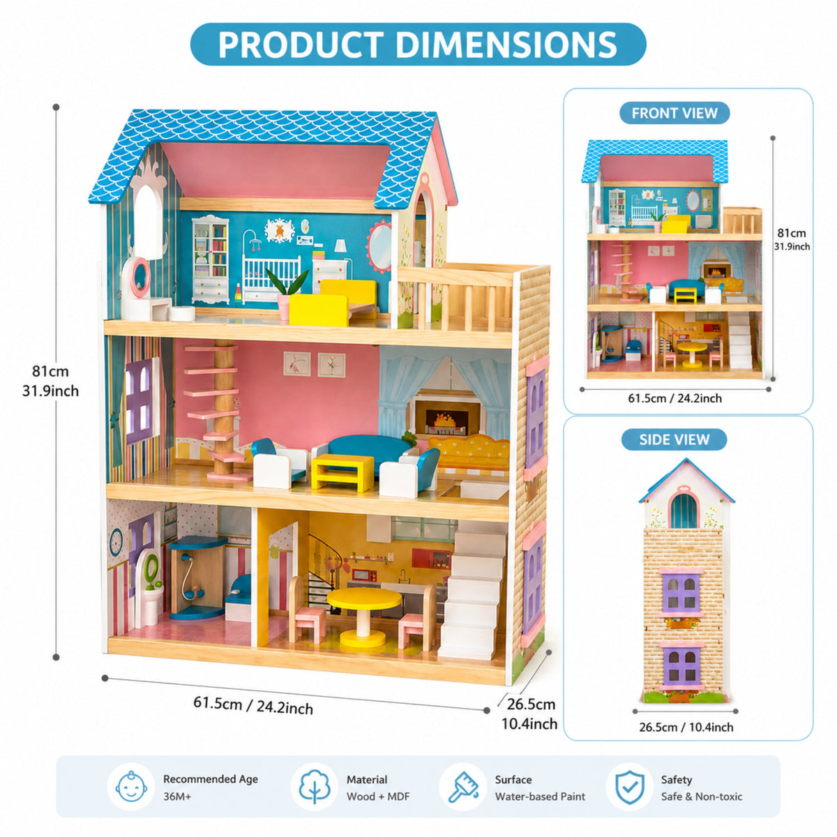 Three-Story Wooden Dollhouse with Dolls and 31-Piece Furniture Set, Pink and Gray