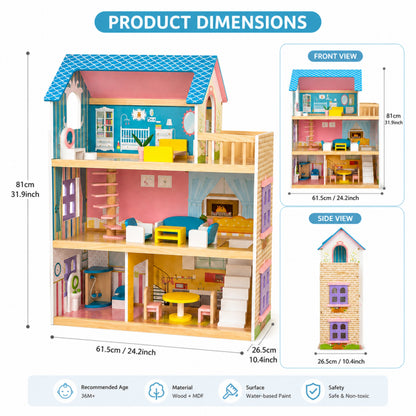 Three-Story Wooden Dollhouse with Dolls and 31-Piece Furniture Set, Pink and Gray