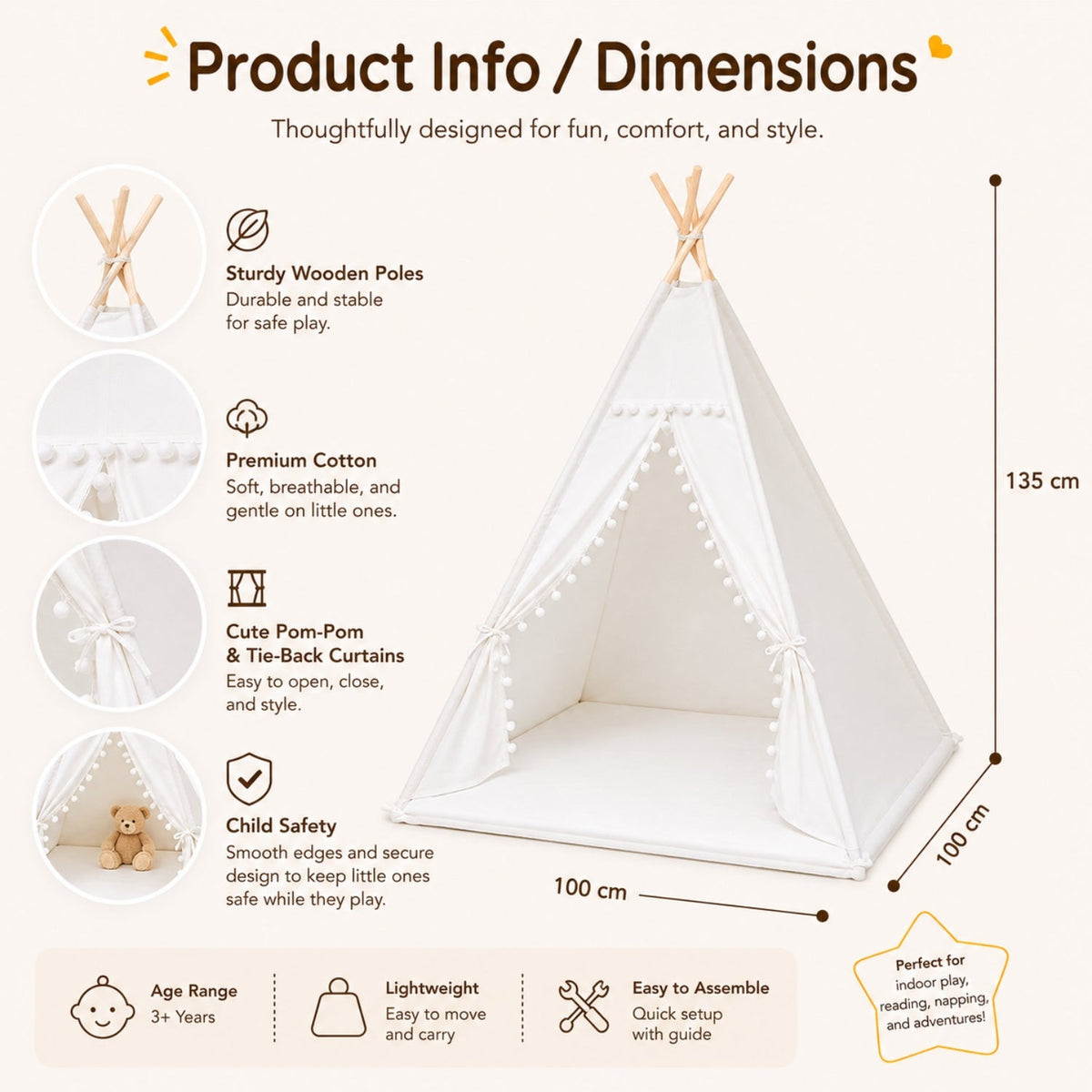 Kids Cotton Canvas Teepee Play Tent with Wooden Poles