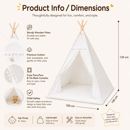 Kids Cotton Canvas Teepee Play Tent with Wooden Poles