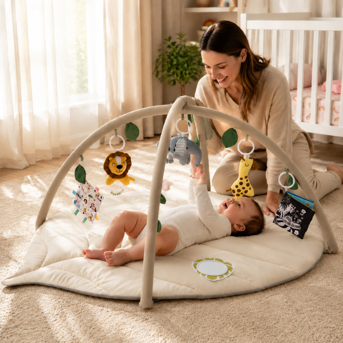 Leaf-Shaped Baby Play Gym Mat with Arch Bars and Hanging Toys