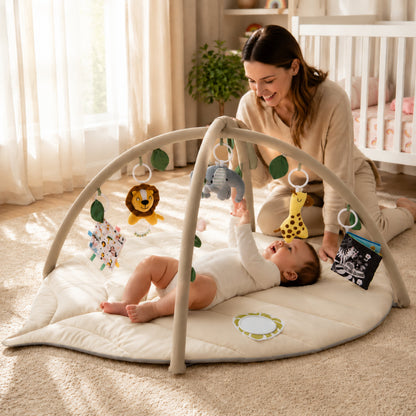 Leaf-Shaped Baby Play Gym Mat with Arch Bars and Hanging Toys
