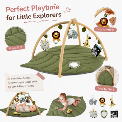 Leaf-Shaped Baby Play Gym Mat with Arch Bars and Hanging Toys