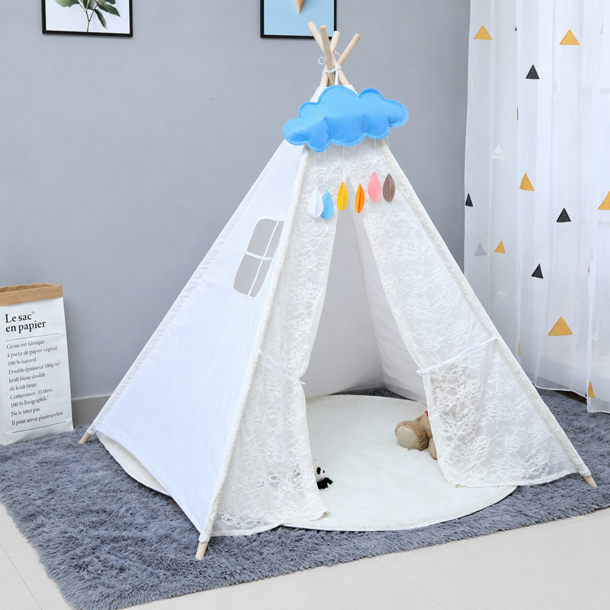 Foldable Kids Teepee Tent with USB String Lights, Beige