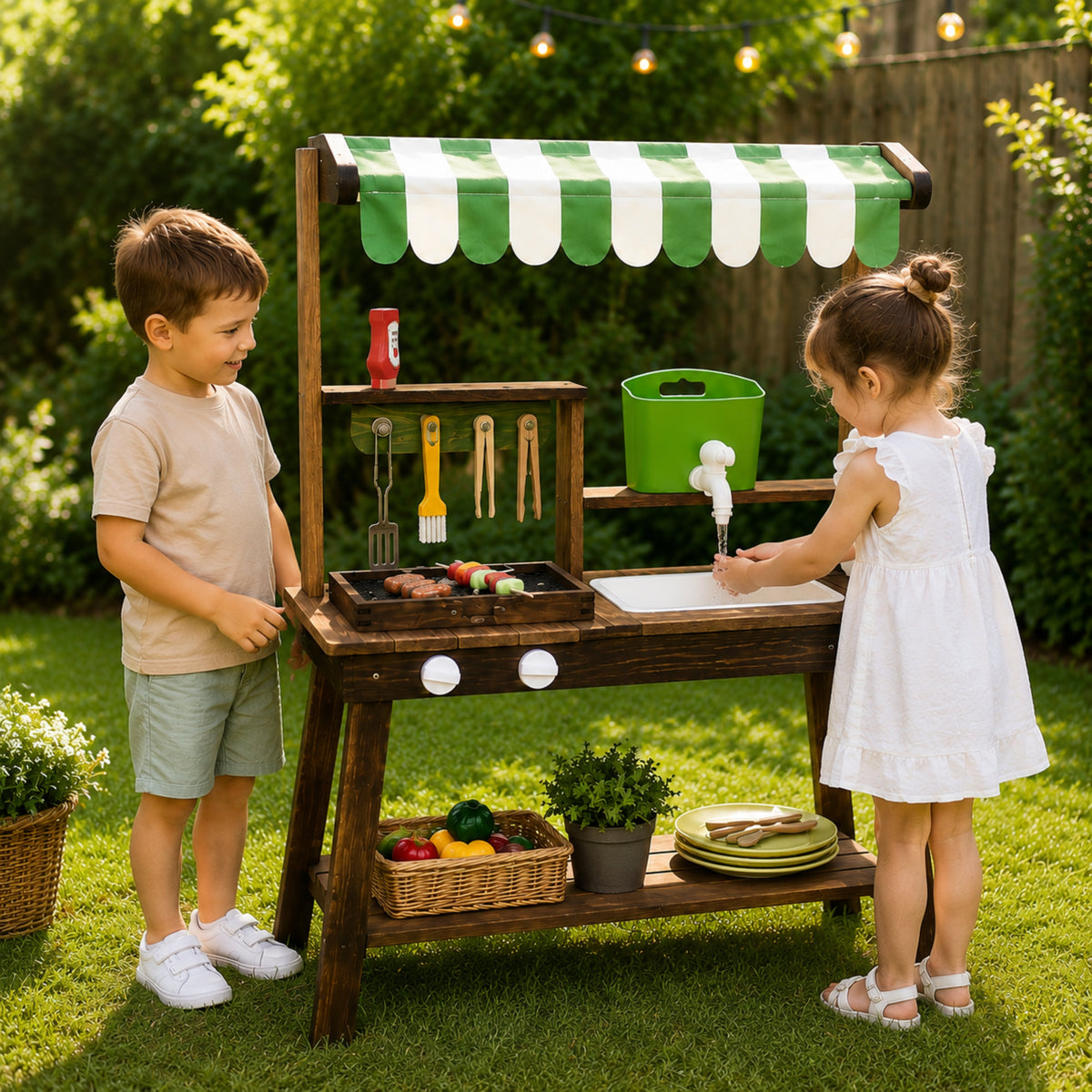 Wooden Outdoor BBQ Play Kitchen with Striped Canopy and Sink