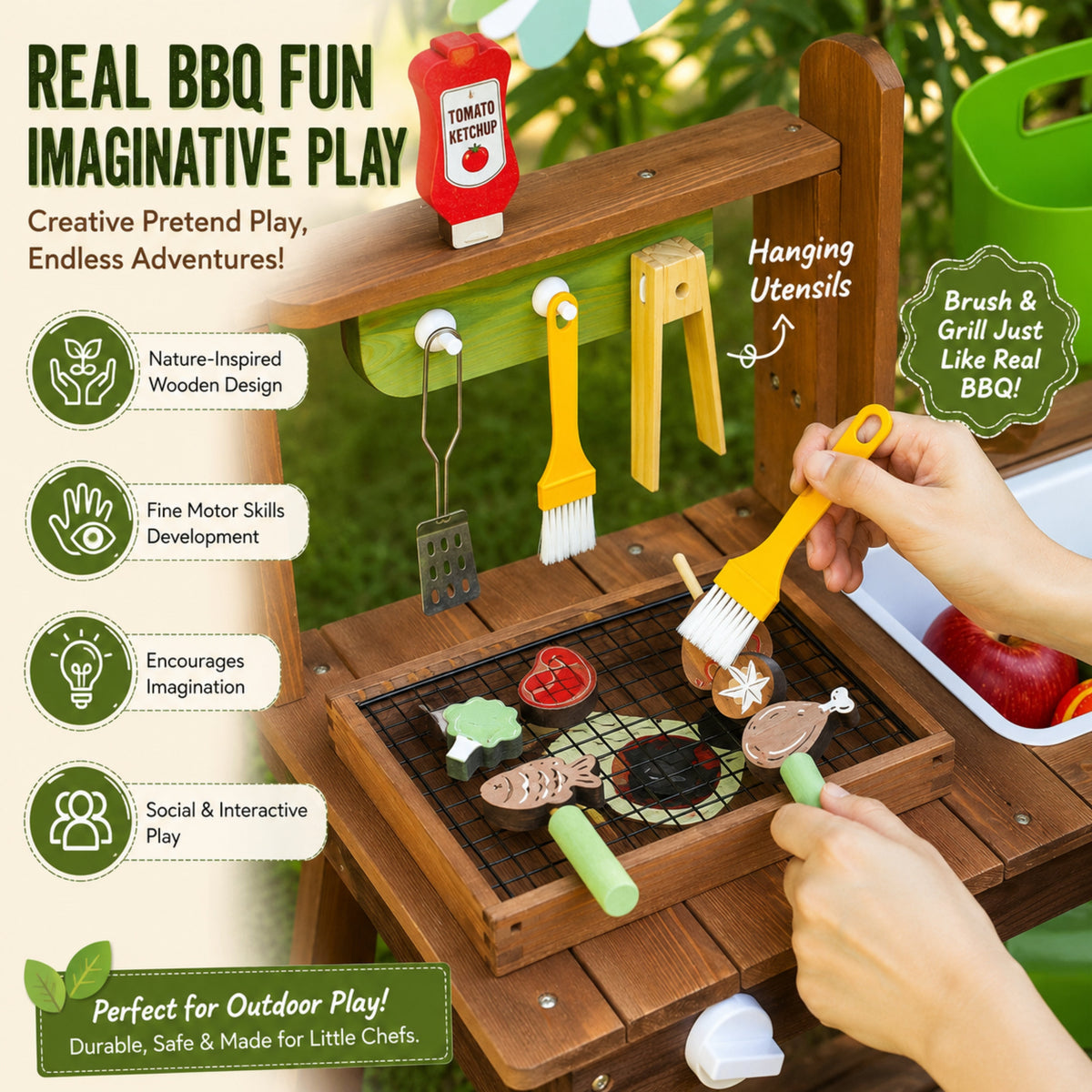 Wooden Outdoor BBQ Play Kitchen with Striped Canopy and Sink