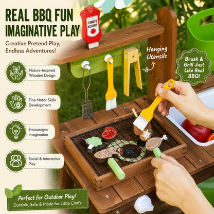 Wooden Outdoor BBQ Play Kitchen with Striped Canopy and Sink