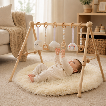 Wooden Baby Play Gym with Hanging Sensory Toys – Natural Wood