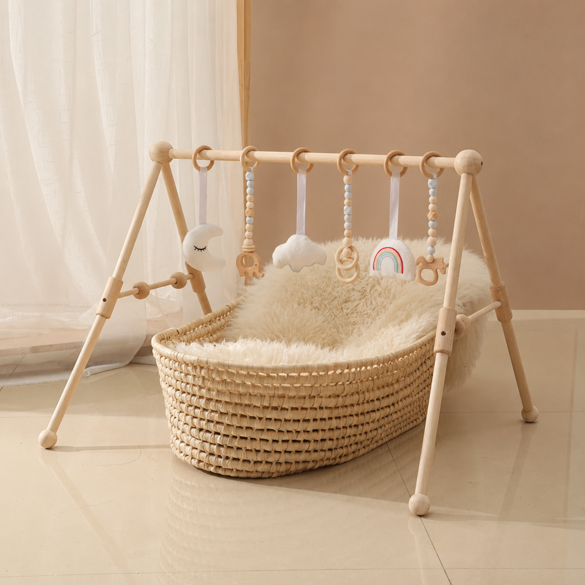 Wooden Baby Play Gym with Hanging Sensory Toys – Natural Wood