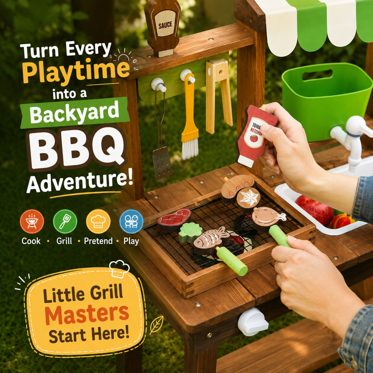 Wooden Outdoor BBQ Play Kitchen with Striped Canopy and Sink
