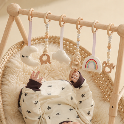 Wooden Baby Play Gym with Hanging Sensory Toys – Natural Wood