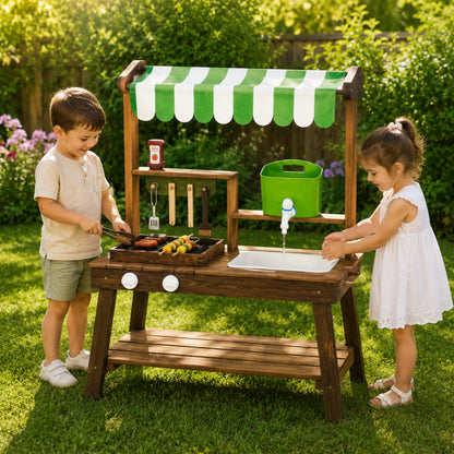 Wooden Outdoor BBQ Play Kitchen with Striped Canopy and Sink