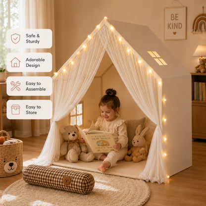 Lace Kids Play Tent with LED String Lights, Cream