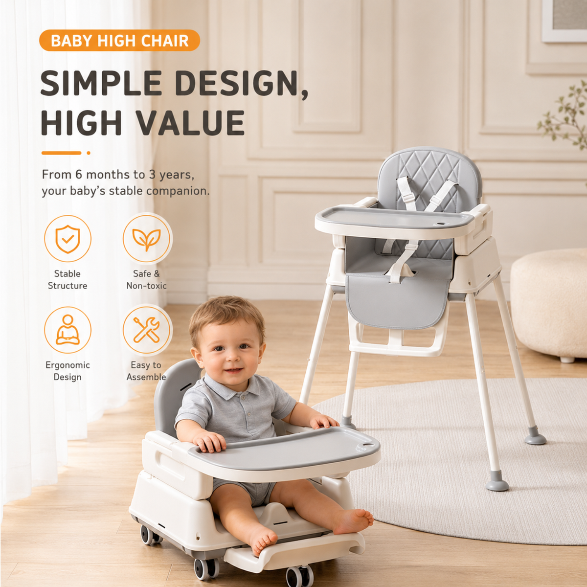 4-in-1 Baby High Chair with Removable Tray, Gray