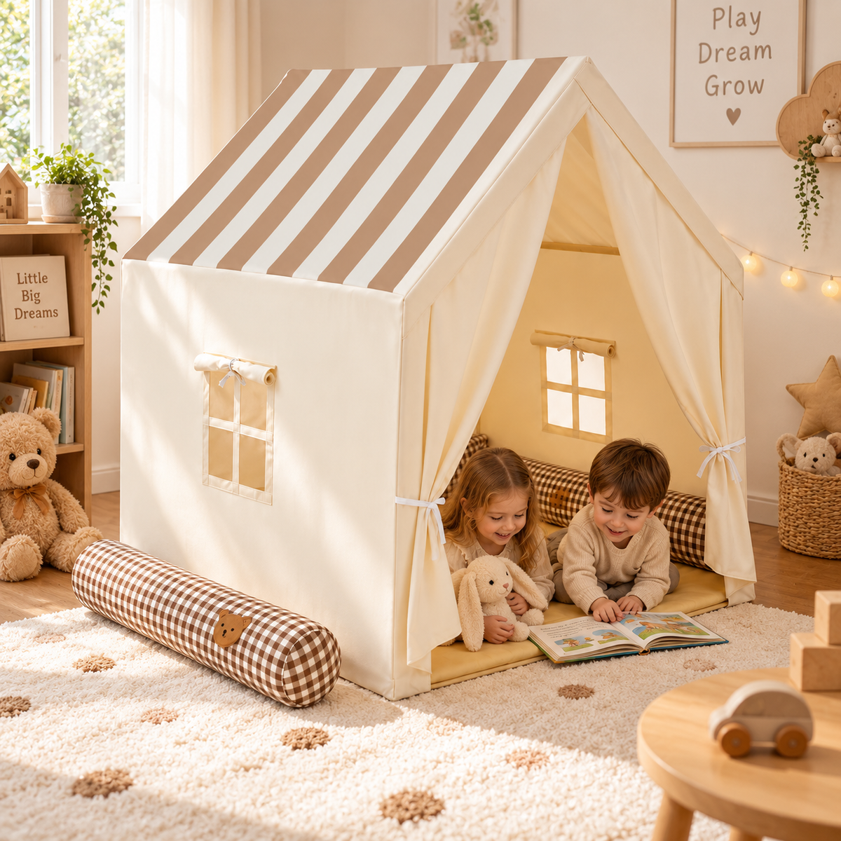 Indoor and Outdoor Kids Playhouse Tent with Roll-Up Curtains and Mesh Windows